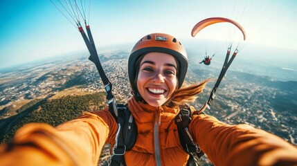 Fototapeta premium A paraglider captures a joyful selfie while gliding effortlessly in mid-air. The exhilarating flight showcases a breathtaking landscape below on a sunny day