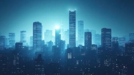 Futuristic city skyline with illuminated skyscrapers at night against a blue backdrop.