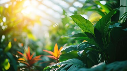 Blurred background of a tropical greenhouse featuring vibrant healthy plants