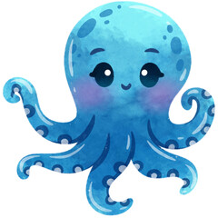 Cute Octopus Cartoon Sea Animals Watercolor Illustration