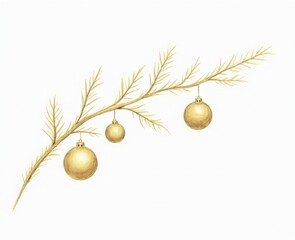 golden branch with Christmas balls on a white background, minimalism