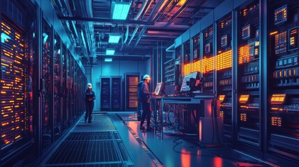 A high-tech server room with technicians working on computer systems.