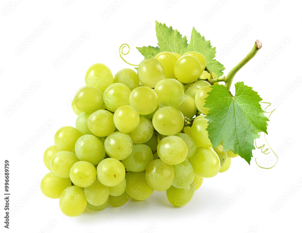 Wall mural fresh green grape cluster isolated on white background.