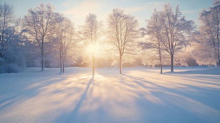 Obraz premium Sunrise over a snowy landscape with trees casting long shadows in a winter wonderland