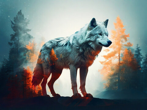 Lobo blanco Nordico imagen hiperrealista, entorno entre real y ficticio con su pelaje manchado semejante a los colores de las plantas que lo rodean generado por ia