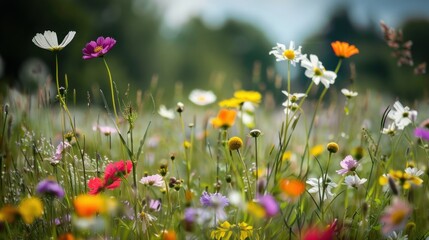 Wildflowers blooming in a meadow with various colors. Springtime and nature concept for outdoor beauty and floral diversity.