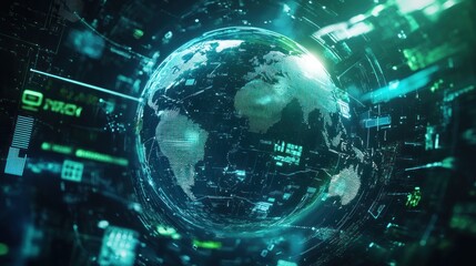 Obraz premium A digital representation of Earth surrounded by data streams and technology elements.