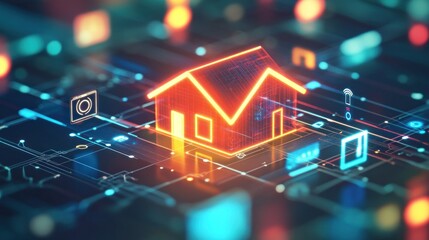 Fototapeta premium A digital house icon surrounded by technology symbols, representing smart home concepts.