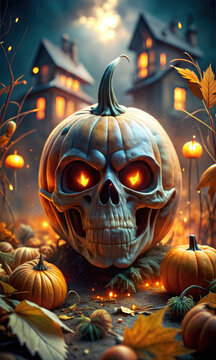 Chilling Halloween Pumpkin Head With Sinsiter Smile and a eerie glow of Light in the background, Graphic Resource for Spooky halloween background posters and halloween parties