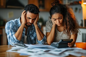 Fototapeta premium Couple looking overwhelmed while calculating expenses at a cluttered kitchen table in the early morning light