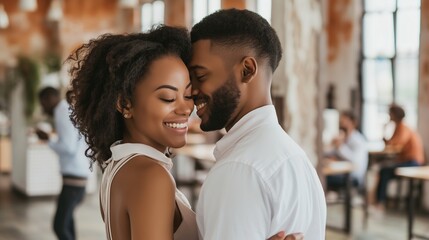 Naklejka premium Modern office couple discreetly exchanging smiles during break, capturing subtle workplace romance and connection amidst blurred coworkers.