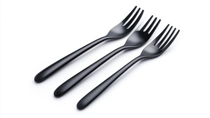Three elegant black forks arranged neatly, perfect for showcasing modern dining utensils in a stylish setting.
