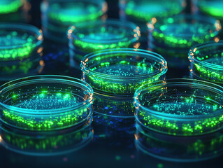 Petri dishes filled with glowing bio samples create mesmerizing visual effect, showcasing vibrant green lights and intricate patterns. This captivating scene highlights beauty of scientific exploratio