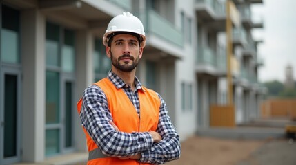 Obraz premium Construction Worker in High-Visibility Safety Vest on Urban Street - Occupational Safety and Urban Work Photography