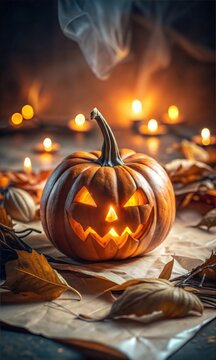 Chilling Halloween Pumpkin Head With Sinsiter Smile and a eerie glow of Light in the background, Graphic Resource for Spooky halloween background posters and halloween parties