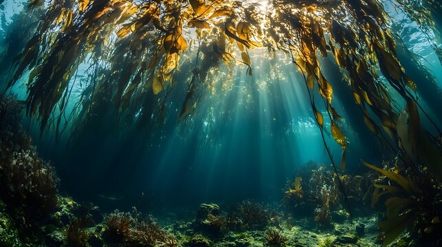 Breathtaking view of a sprawling kelp forest underwater showcasing the vibrant and diverse ecosystem of the ocean  This natural landscape depicts the lush green seaweed swaying gently in the currents
