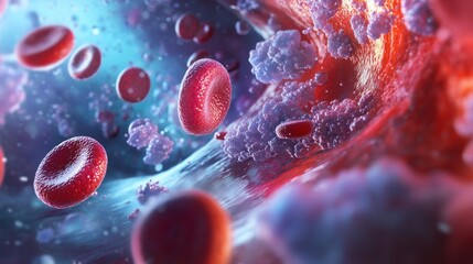 Fototapeta premium Close-up view of red blood cells and white blood cells in a dynamic, colorful environment.