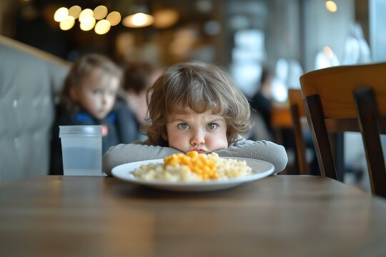 A child making a discontented face in front of food they dislike at a bustling restaurant during lunchtime