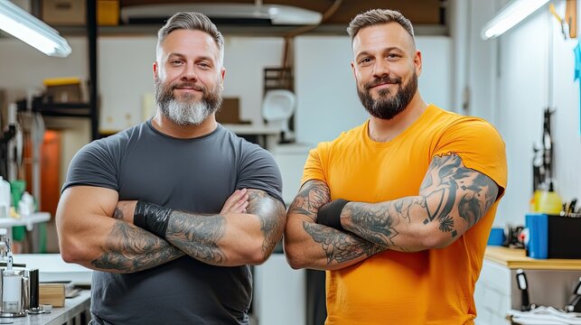 Two muscular men with tattoos proudly display their strength in a workshop environment, exuding confidence and camaraderie.