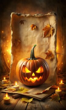 Chilling Halloween Pumpkin Head With Sinsiter Smile and a eerie glow of Light in the background, Graphic Resource for Spooky halloween background posters and halloween parties