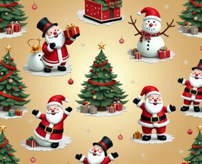 illustration of seamless Christmas patterns, Santa Claus, Christmas tree, snowman, gifts