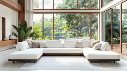 Bright and airy contemporary living room with large L shaped white sofa minimalist wood and neutral color accents expansive windows overlooking a lush outdoor landscape