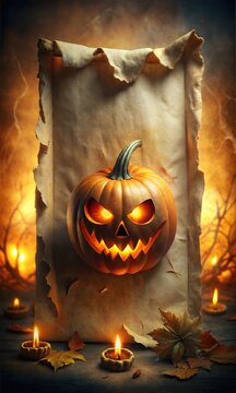 Chilling Halloween Pumpkin Head With Sinsiter Smile and a eerie glow of Light in the background, Graphic Resource for Spooky halloween background posters and halloween parties
