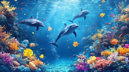 Fototapeta premium Trzy delfiny pływające przez tętniącą życiem rafę koralową w oceanie