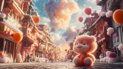 Fototapeta premium Soft Sunwukong plush sitting in a street lined with small cotton candy houses and wool felt balloons