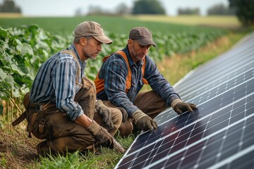 Fototapeta premium Farmers maintain solar-powered equipment in a vibrant field during the early afternoon, showcasing sustainable agriculture practices in action