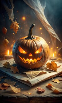 Chilling Halloween Pumpkin Head With Sinsiter Smile and a eerie glow of Light in the background, Graphic Resource for Spooky halloween background posters and halloween parties