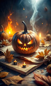 Chilling Halloween Pumpkin Head With Sinsiter Smile and a eerie glow of Light in the background, Graphic Resource for Spooky halloween background posters and halloween parties