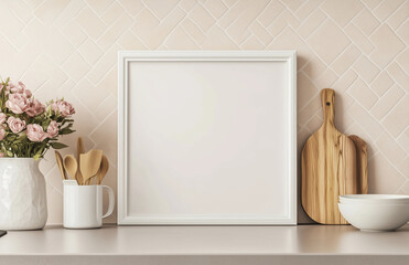 Moldura em branco apoiada em bancada de cozinha com frutas cítricas e utensílios, fundo claro e plantas decorativas ao redor, criada com IA generativa.