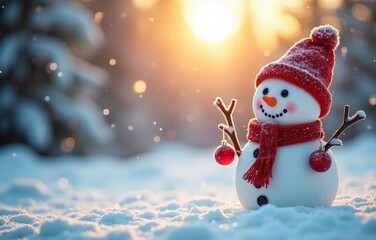 Happy snowman in a red hat in the winter forest snowfall