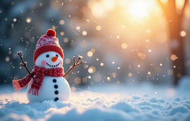 Obraz premium Happy snowman in a red hat in the winter forest snowfall