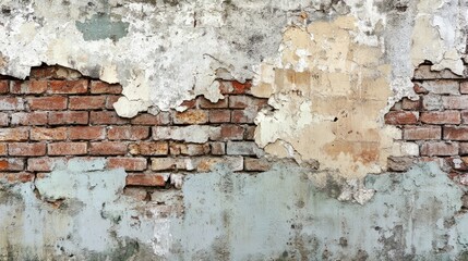 Aged brick wall featuring peeling plaster showcasing rustic texture Captures themes of urban decay and historical architecture