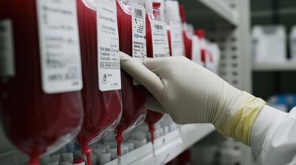 A gloved hand selects a blood bag from a storage shelf in a laboratory setting.