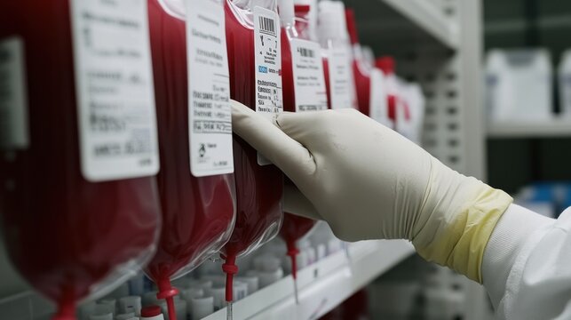A gloved hand selects a blood bag from a storage shelf in a laboratory setting. - Powered by Adobe