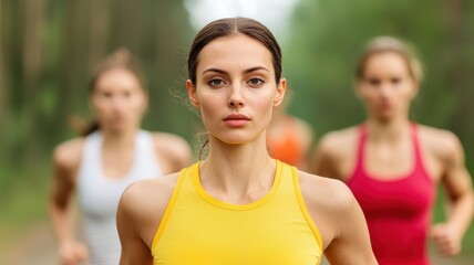 Fototapeta premium Group of athletes doing intense cardio interval training, vibrant outdoor setting, fast-paced movement and determination, High-intensity fitness workout