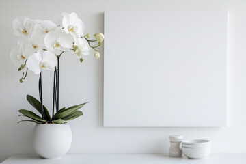 Moldura em branco apoiada em bancada de cozinha com frutas cítricas e utensílios, fundo claro e plantas decorativas ao redor, criada com IA generativa.