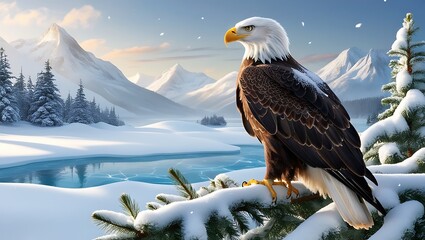 This striking image captures a powerful eagle perched on a snow-covered branch in the heart of a winter landscape. 