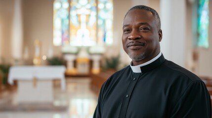 Obraz premium Portrait of Confident MiddleAged Nigerian Priest Smiling in Bright, Peaceful Church for Religious and Cultural Diversity Themes