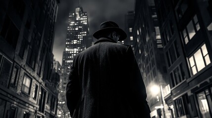 Naklejka premium A lone figure in a fedora walks down a city street at night, with tall buildings towering above.