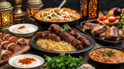 Obraz premium A vibrant spread of Middle Eastern cuisine featuring kebabs, rice, and assorted sides, beautifully arranged for a feast.
