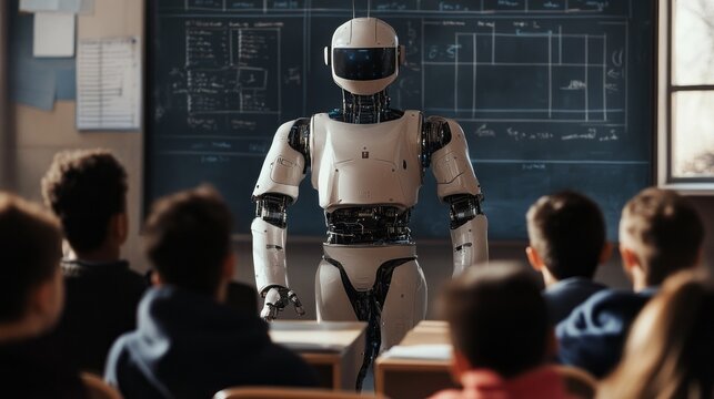 A robot is standing in front of a classroom full of students