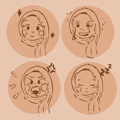 Cartoon sketch style on brown vector set featuring a hijab-wearing girl with various emotional expressions including happy, sad, angry, and sleepy