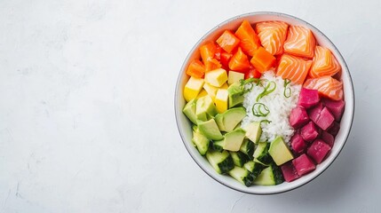 Vibrant bowl of fresh fruits and salmon, beautifully arranged for a healthy and colorful meal, perfect for food lovers and events.
