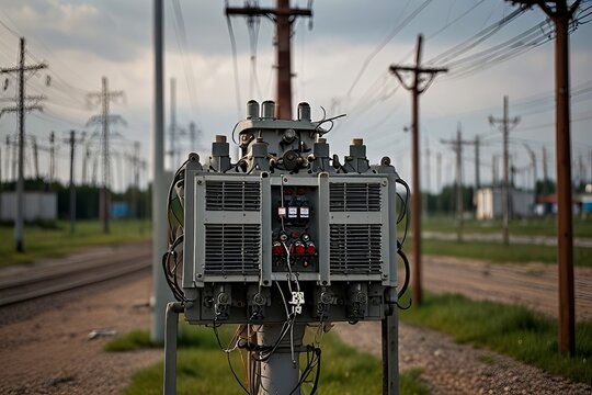 A transformer at an electrical substation. Transmission of electricity.