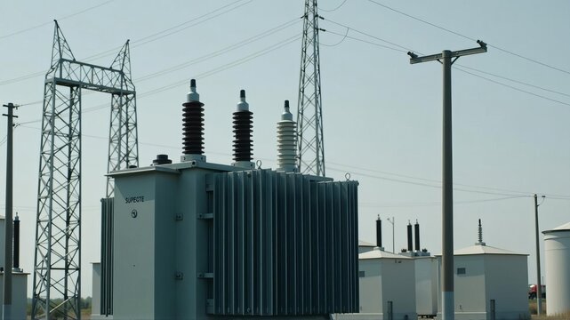 A transformer at an electrical substation. Transmission of electricity.