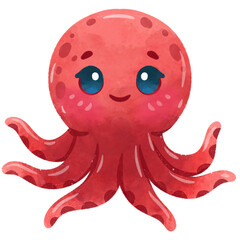 Cute Octopus Cartoon Sea Animals Watercolor Illustration